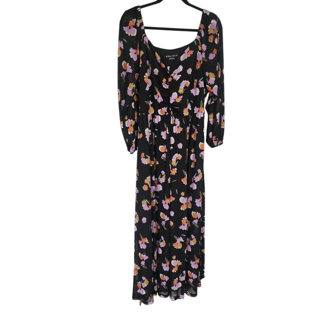 Ava & Viv Maxi Dress 1X Black Floral Mesh Long Sleeve V-neck